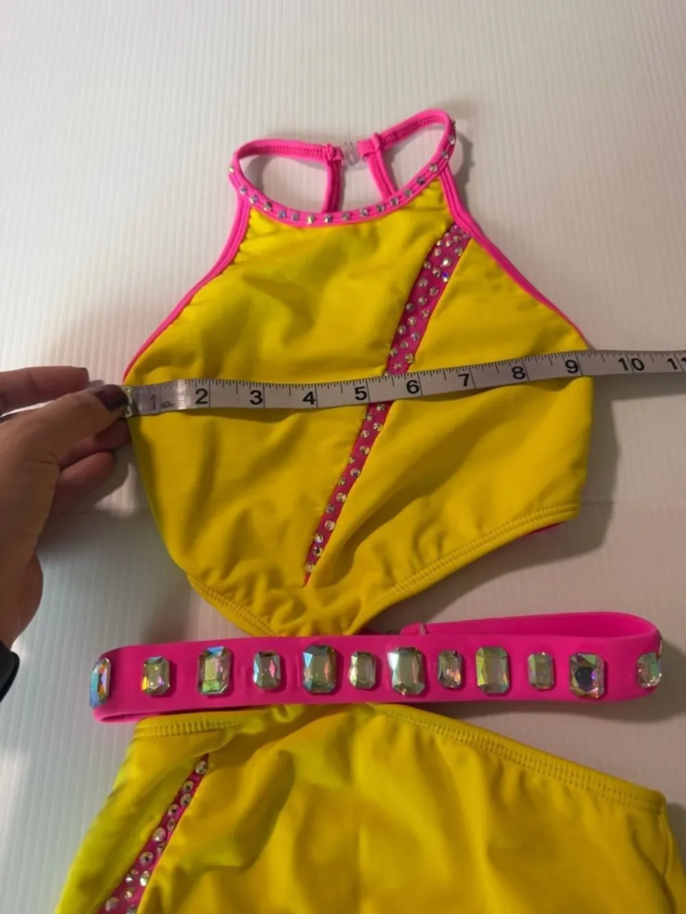 Custom Neon Yellow Pink Rhinestone Dance Costume Jazz Acro Convention Solo MC